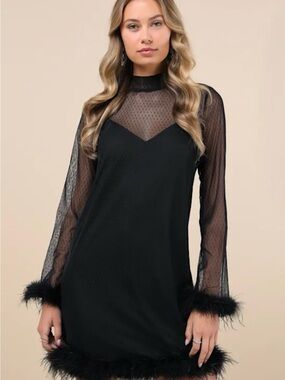 Lulu's Black Sheer-Dotted Long Sleeve Mini Dress with Feather Trim